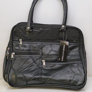 American Unique Black Patterned Genuine Leather Rectangular Handbag with Strap